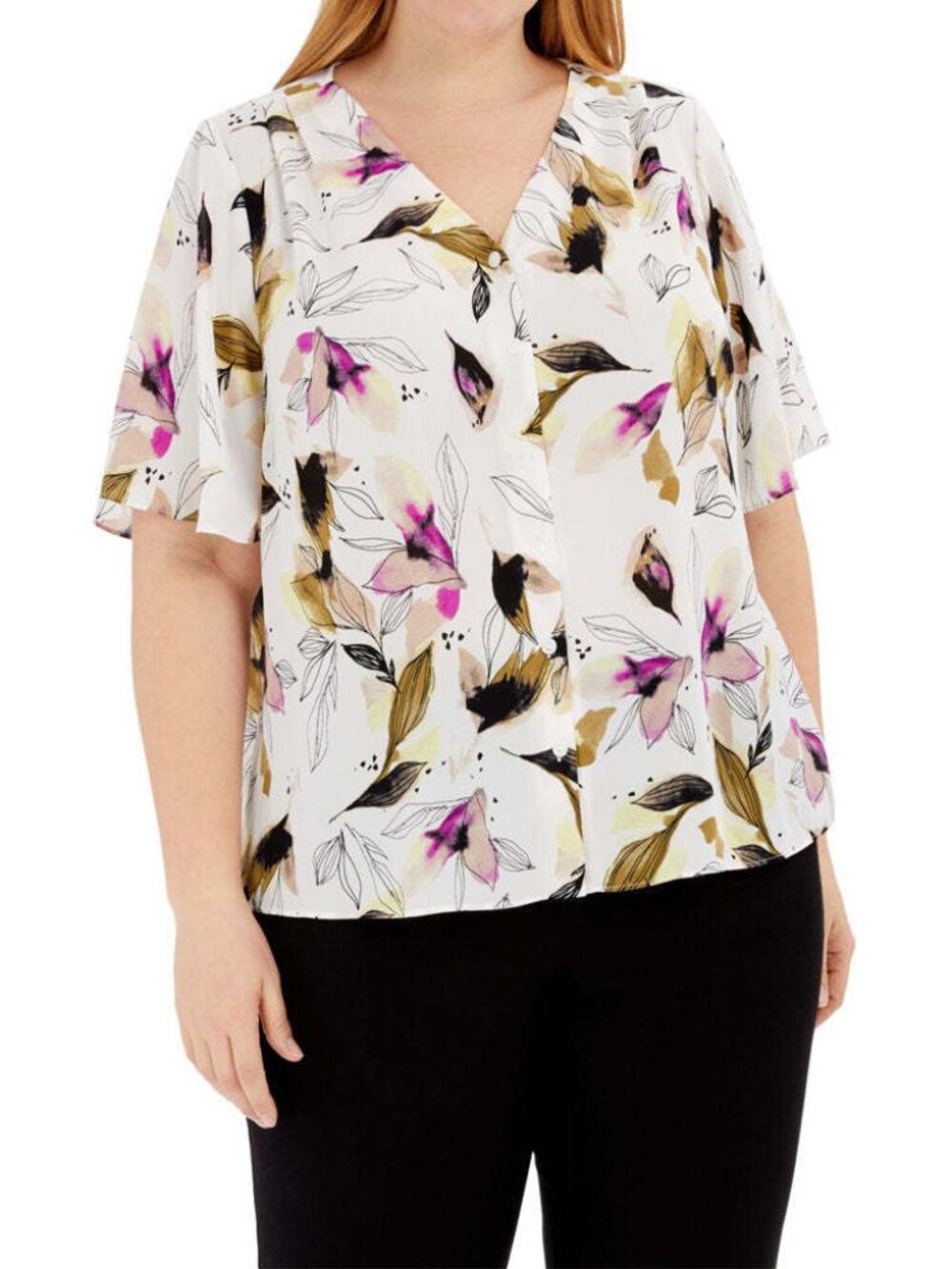 Alfani Womens Plus Size Button Front Flutter Sleeve Top